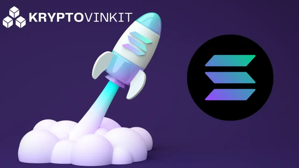 Raketti joka lähtee lentoon. Kuvassa on kryptovaluutta Solanan logo. Logo on musta jossa on monivärinen S-kirjain.