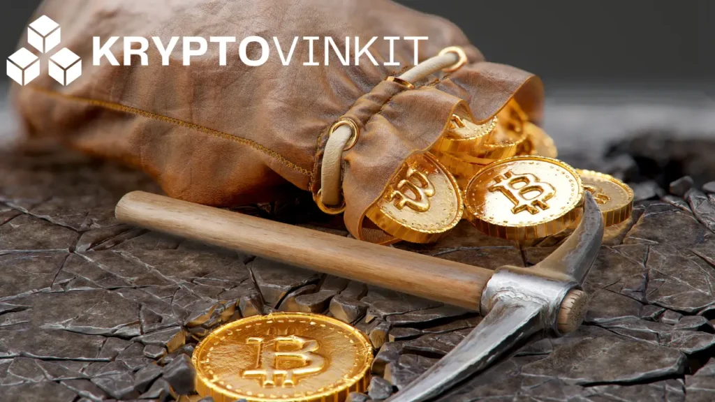 Kuva rahasäkistä josta pursuaa Bitcoineja. Kuvassa on myös hakku jolla on kuvitteellisesti louhittu Bitcoineja.